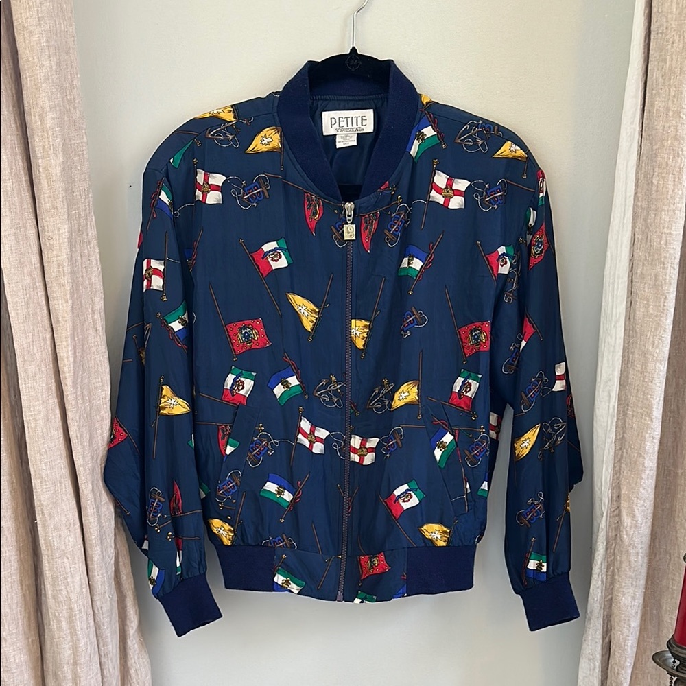 Vintage Petite Sophisticate Silk Flag-Print Bomber Jacket, Size PS